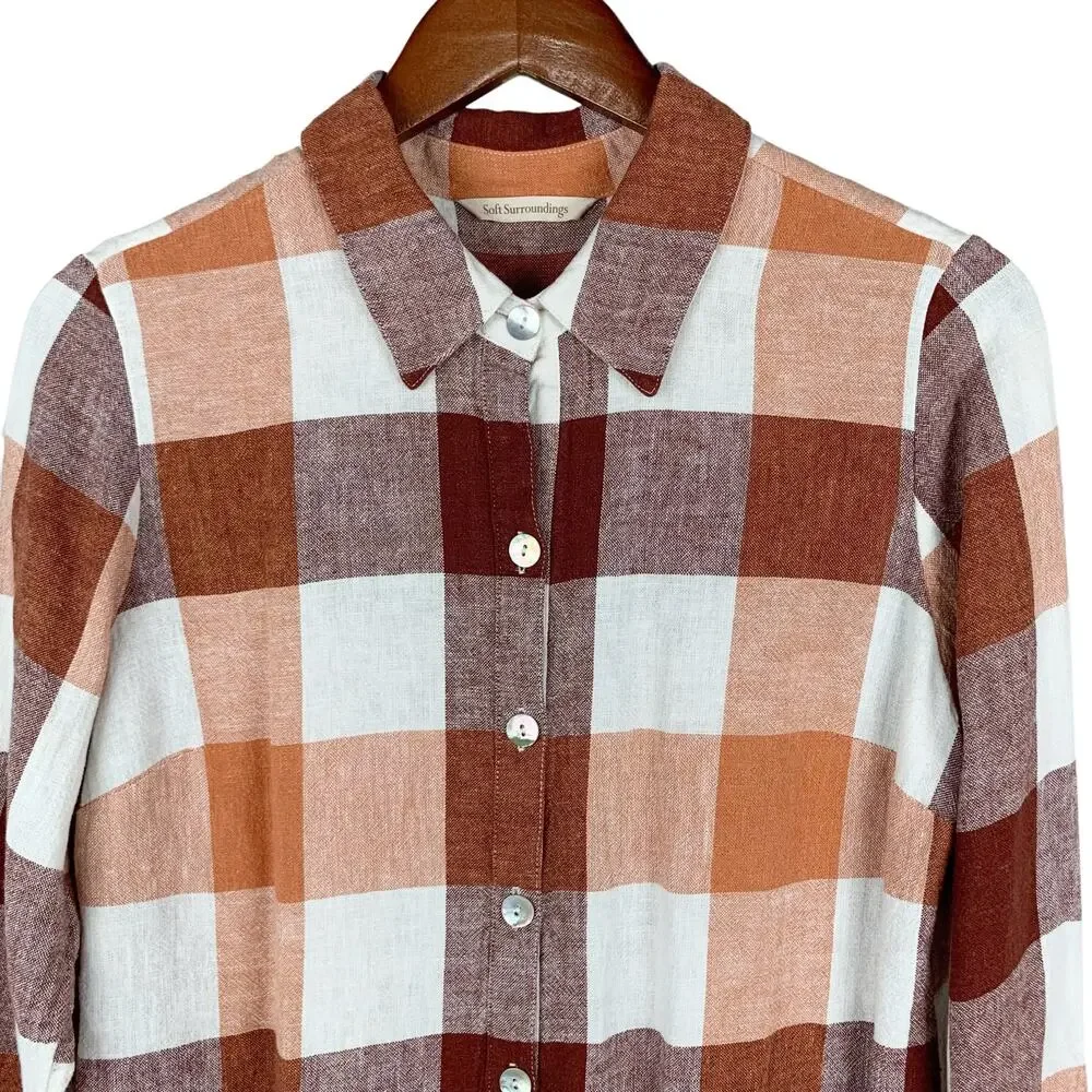 Soft Surroundings Carreaux Shirt Button Front Plaid Linen Blend Zipper Women’s M - Picture 2 of 9